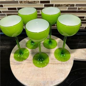 Set of 5 Vintage Carlo Moretti Green White Cased Wine Glasses